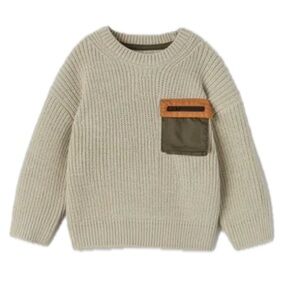 ZARA VGUC Sad Beige Color Block Ribbed Knit Chunky Crewneck Sweater